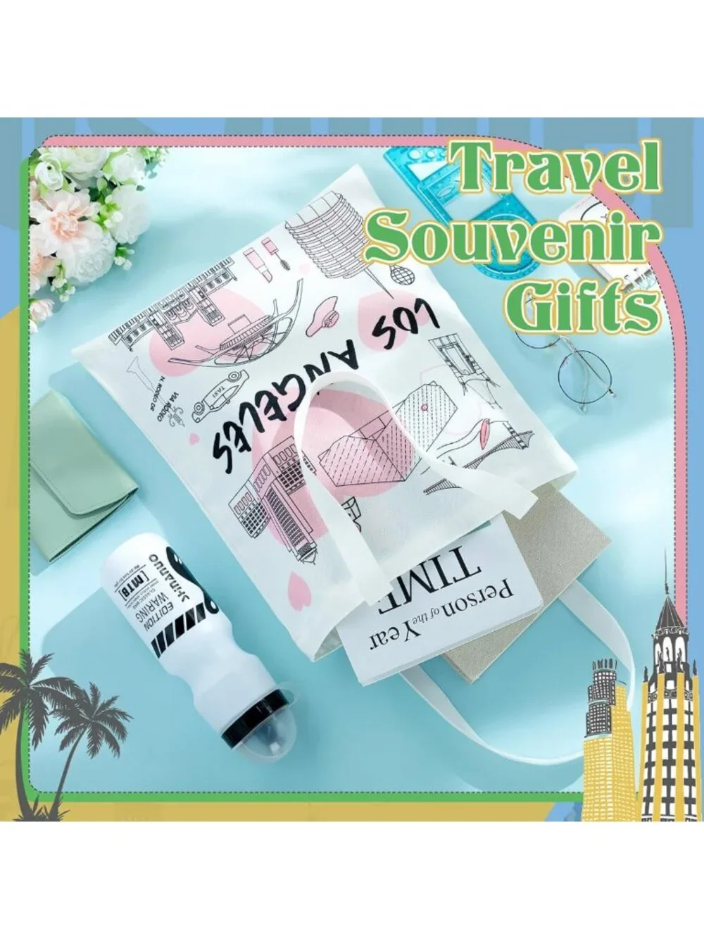6-Piece Watercolor Los Angeles Canvas Tote Bags | Souvenir Gift for Women